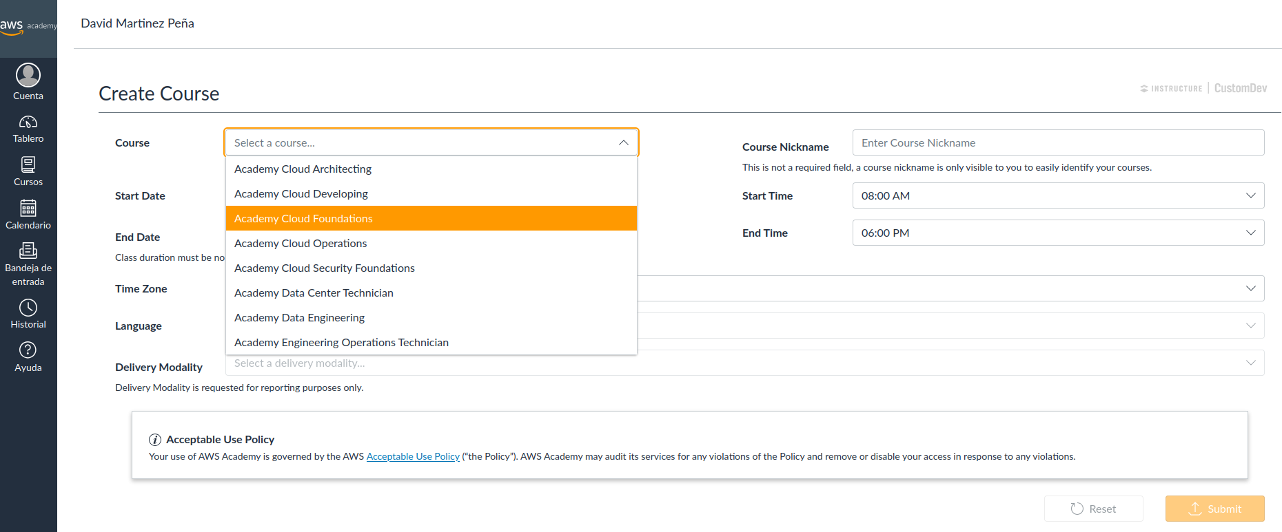 Seleccionar el curso