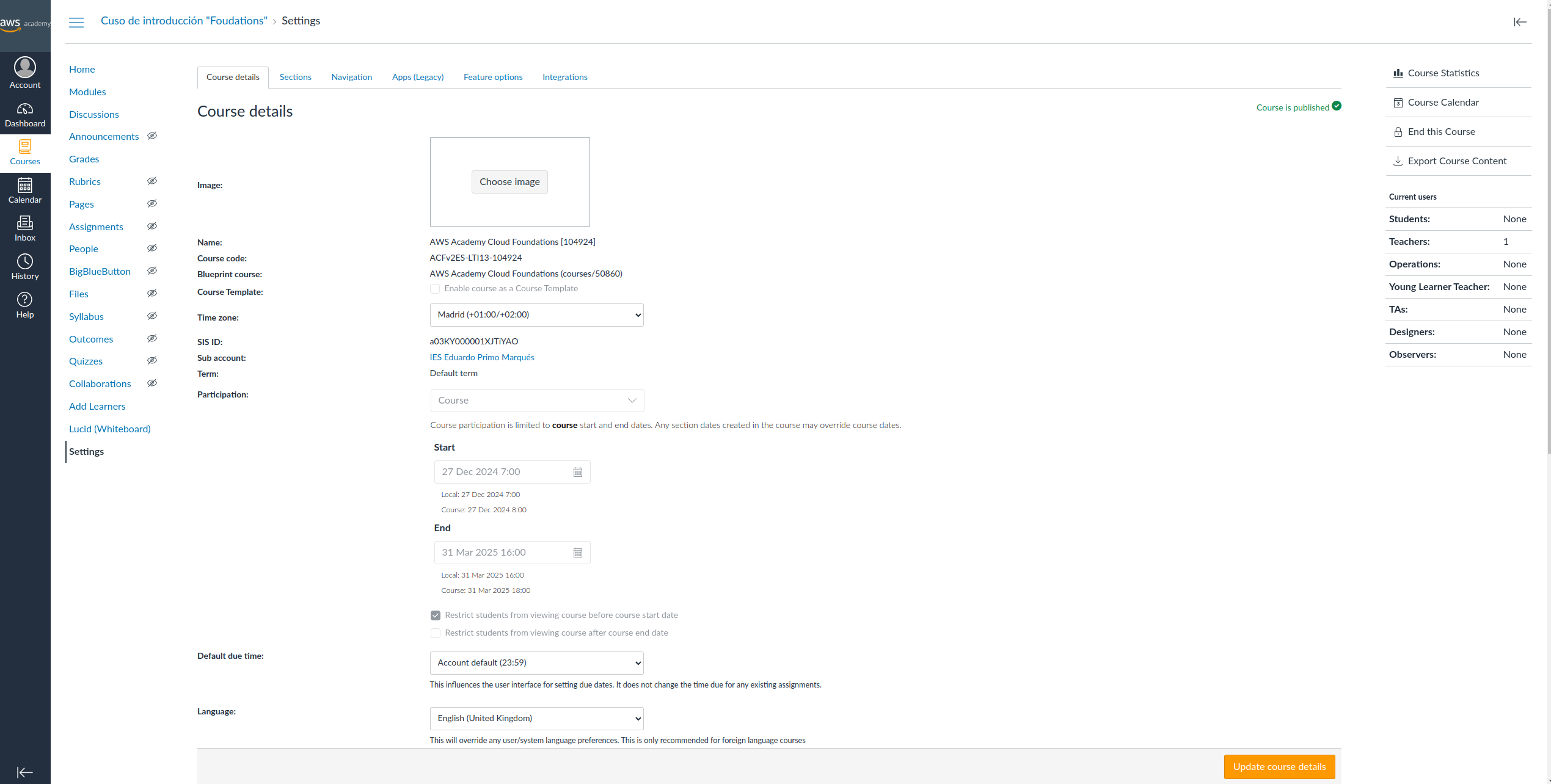 Settings de un curso