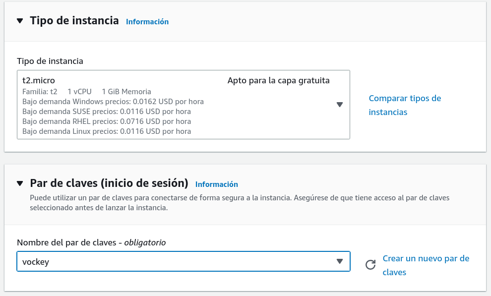 Tipo de instancia y par de claves