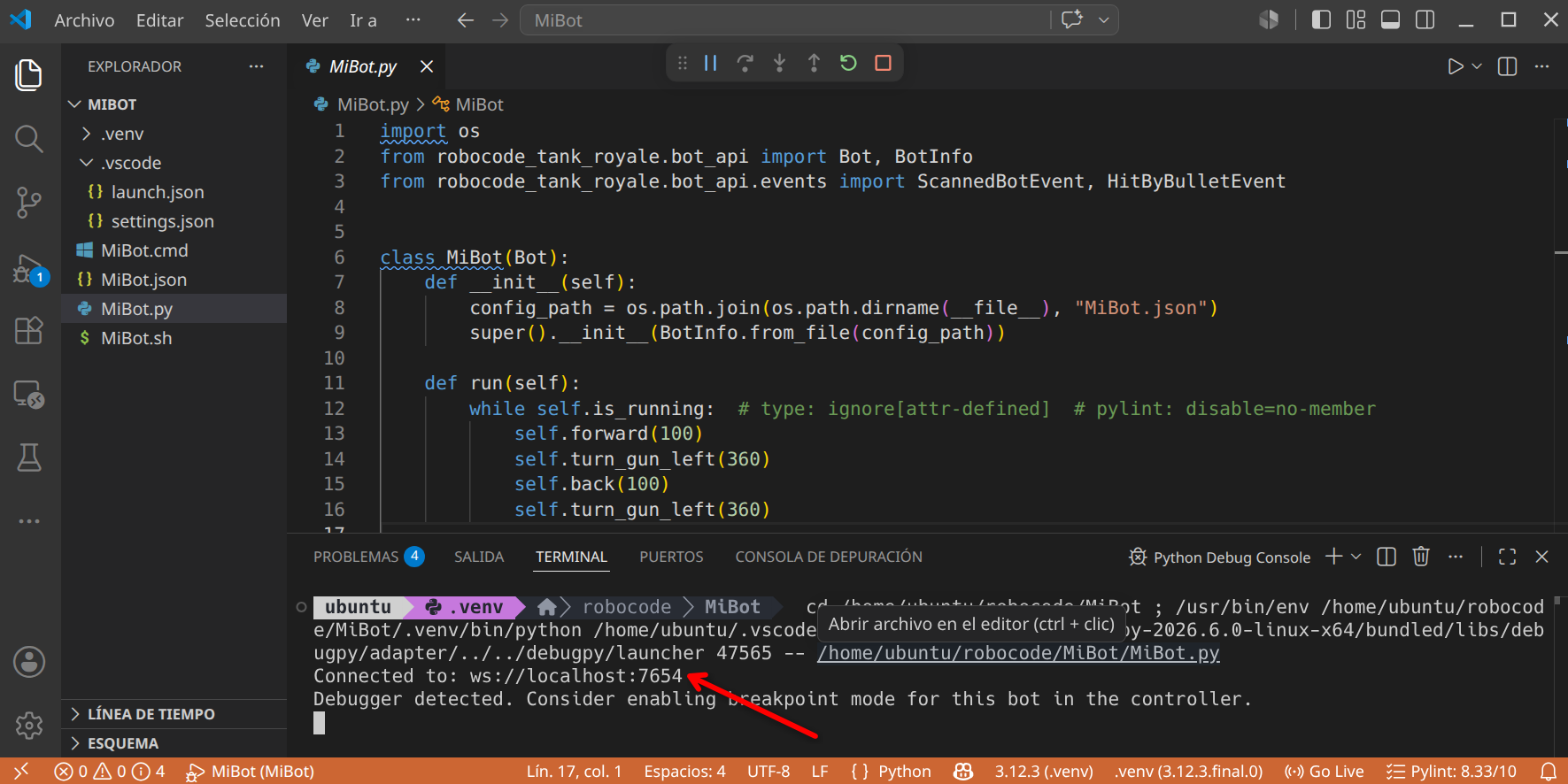 Terminal con el bot conectado al servidor