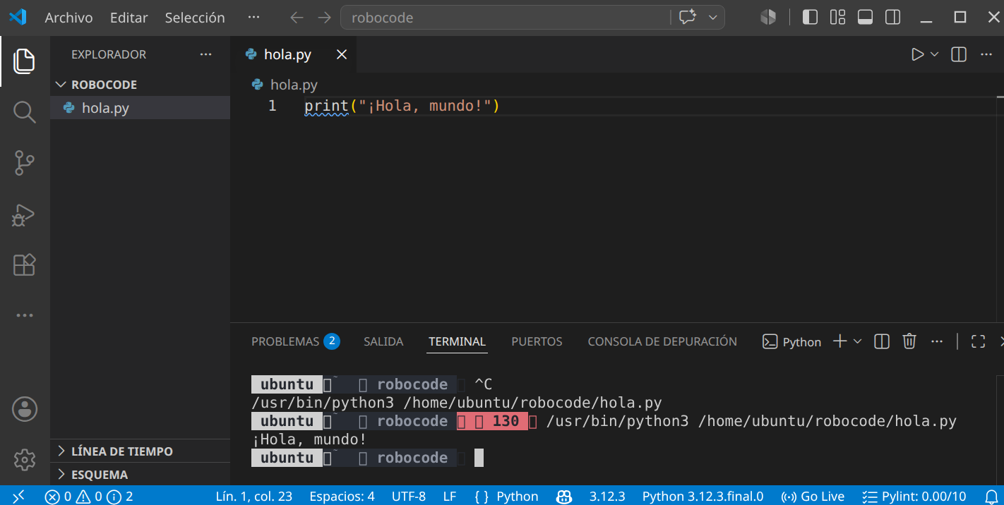 VS Code con hola.py y terminal