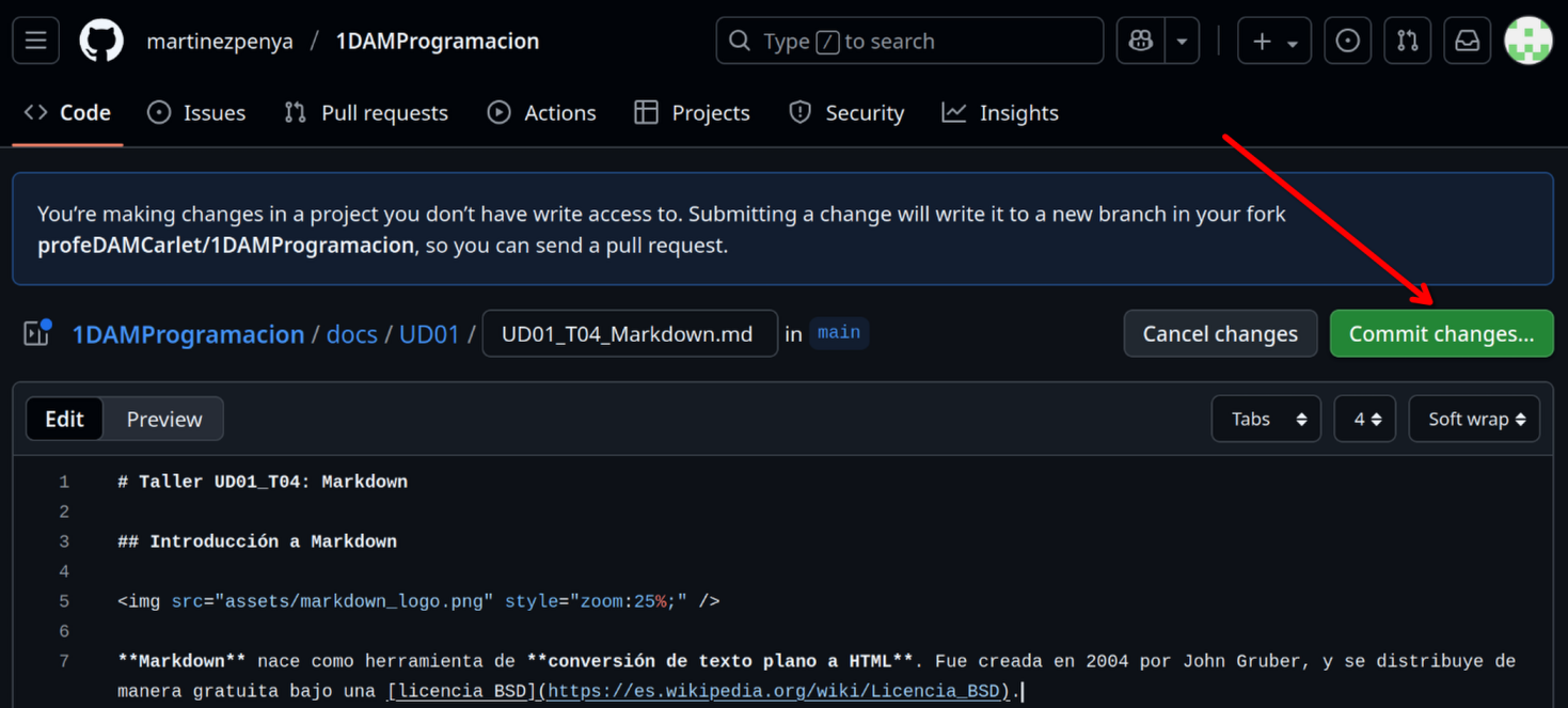 Botón Commit changes activo