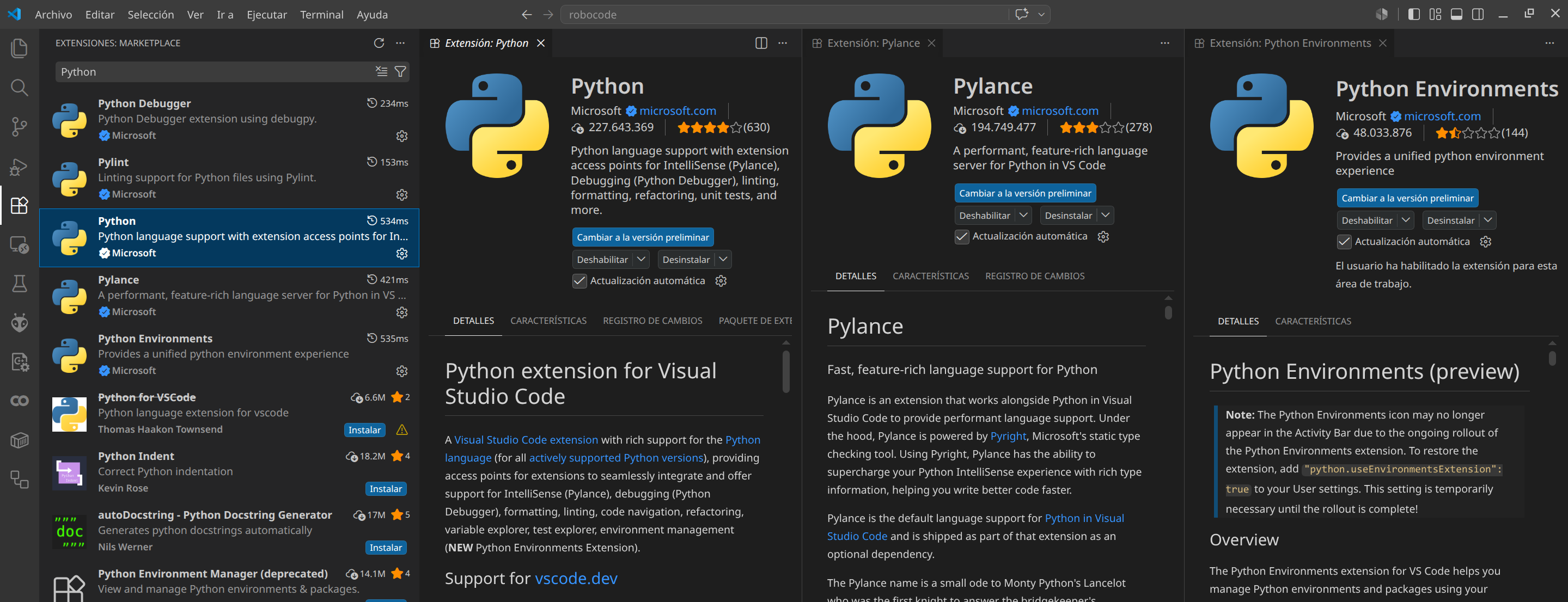 Extensiones Python y Pylance en VS Code